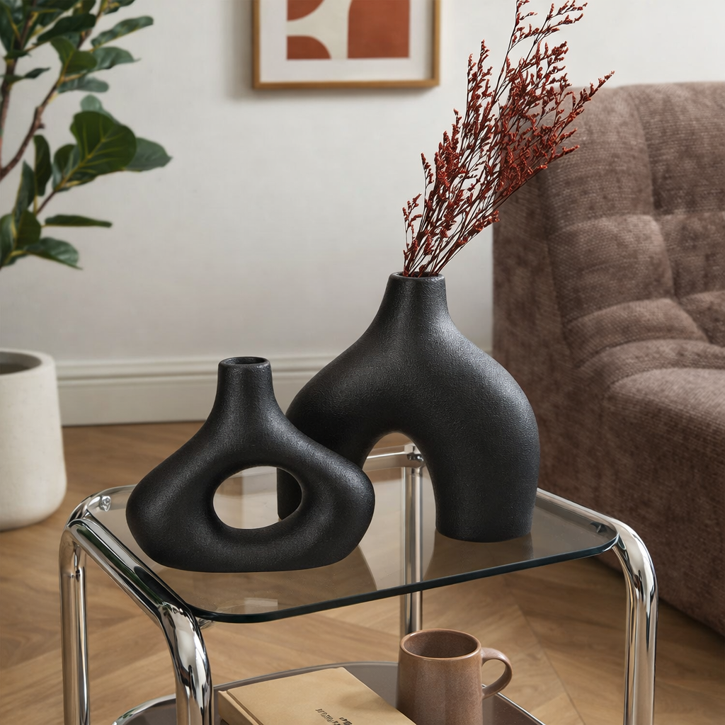 Lot 2 vases céramique noire hauteurs différentes — duo décoratif étagère salon