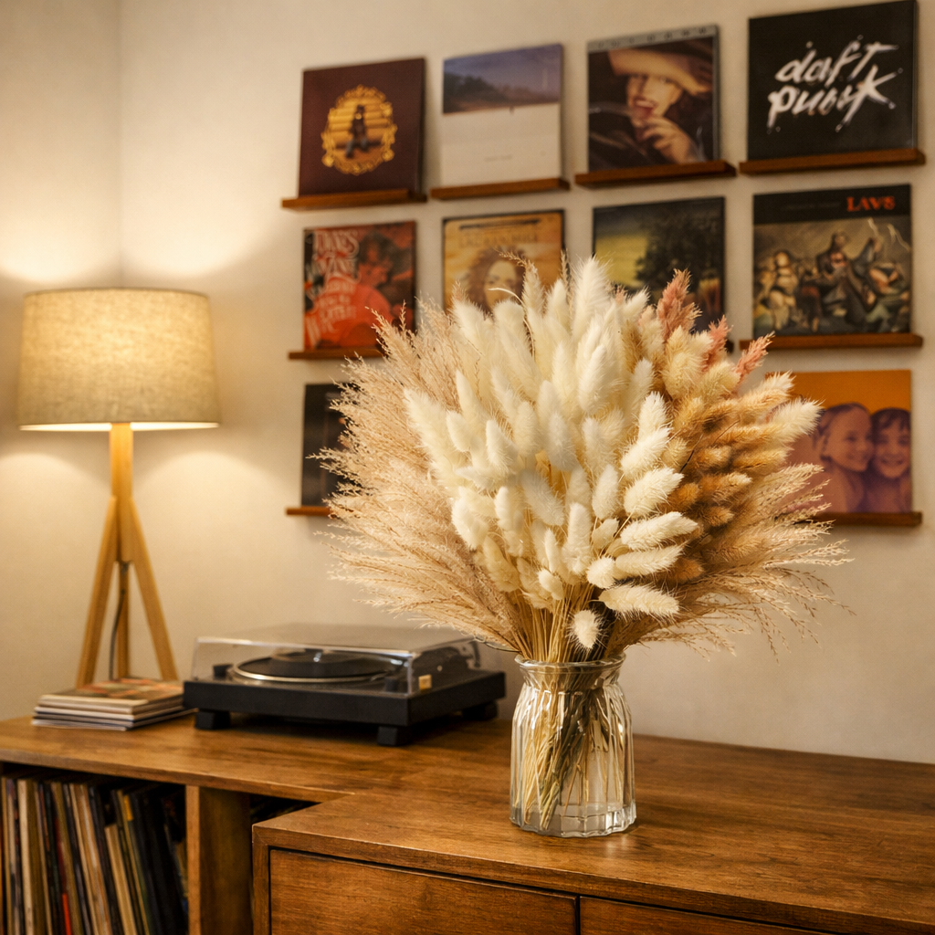 grandes herbes de pampa dans vase salon lampe bois décoration cosy