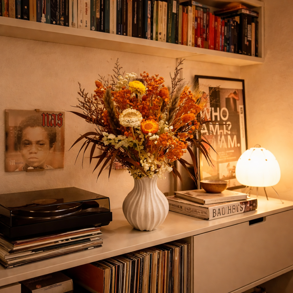 bouquet fleurs séchées oranges colorées vase décoration lampe vintage