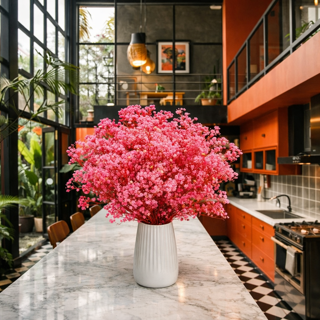 gypsophile et roses séchées dans vase rainuré blanc décoration romantique